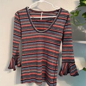 Free People Brown and Orange Bell Sleeve Blouse with Ruffled Fitted Style